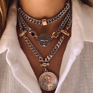 Statement necklace , coin collar, medallion necklace, chunky  choker, mixed metal necklace,layered necklace, day collar ,punk jewelry