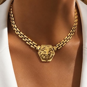 Collana girocollo spessa con testa di leone dorata, catena a maglie vintage, gioiello di tendenza