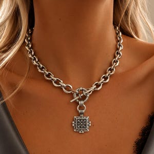 Oxidized Silver Square Pendant Necklace, Layered Toggle Clasp Choker