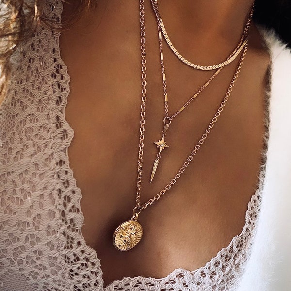Gold set layers necklace for women , dainty thick curb chain necklace, gold lion coin necklace, North Star cross cz necklace.