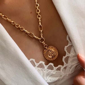 Coin necklace, chunky link chain necklace, statement coin necklace , ancient coin , long necklace, bohemian necklace, trendy necklace image 2