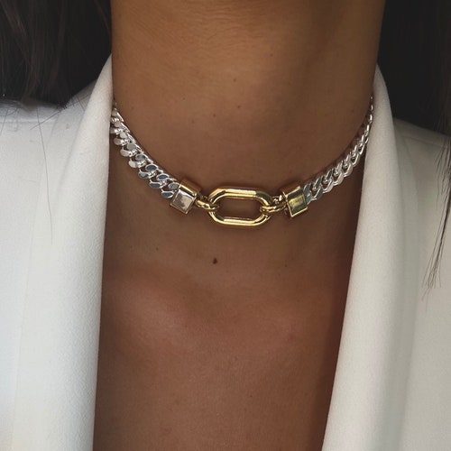 Ras de cou épais, collier en or, chaîne à maillons rectangle, collier en or, collier en or, bijoux en or tendance, bijoux vintage.