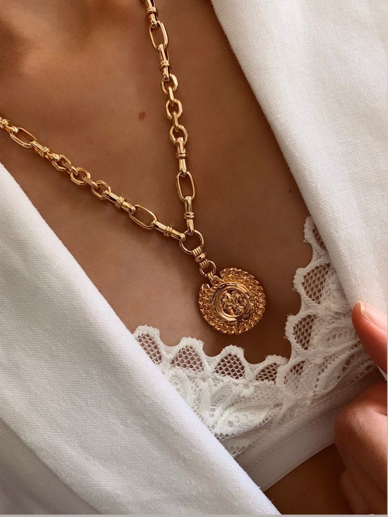 Coin necklace, chunky link chain necklace, statement coin necklace , ancient coin , long necklace, bohemian necklace, trendy necklace image 2