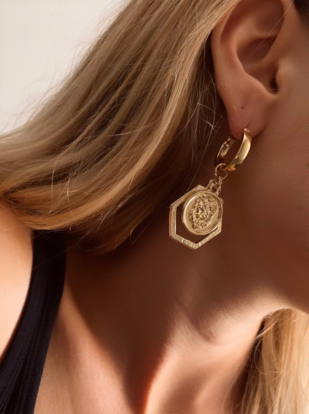 Ohrringe Für 2 Ohrlöcher Mit Kette Münze Ohrringe, Achteck Ohrringe, Löwe Ohrringe, Statement Ohrringe