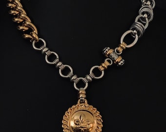 Medal necklace,mixed metal necklace, “fleur de lis” necklace ,bold gold silver necklace,  chunky gold silver necklace,  collar necklace.