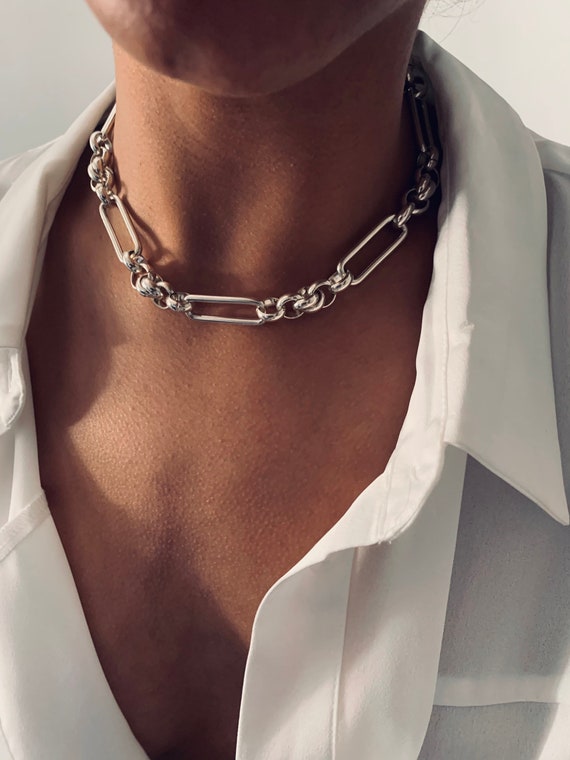Chunky Choker Necklace Statement Silver Choker Twisted Round