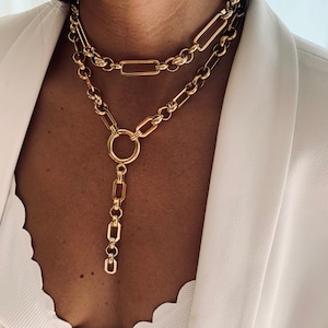Gargantilla gruesa, conjunto de collares tipo lazo, collar largo colgante, collar grueso dorado, cadena de eslabones rectangulares, collar con cierre de palanca