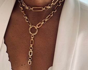 Chunky choker necklace, Lariat set of necklaces , long drop necklace, gold chunky necklace, rectangle link chain , toggle necklace