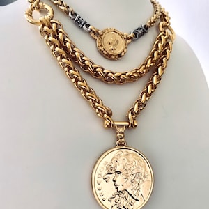 Medallion necklace , coin collar necklace , gold statement necklace, wheat necklace, gold chunky necklace, layered necklace, vintage jewelry