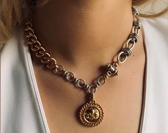 Medal necklace,mixed metal necklace, “fleur de lis” necklace ,bold gold silver necklace,  chunky gold silver necklace,  collar necklace.