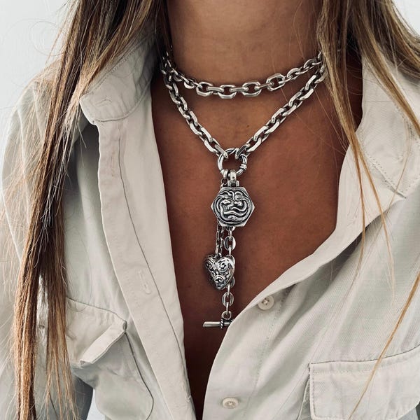 multiple charms necklaceStatement necklace, toggle necklace,T bar necklace, vintage necklace , silver layers necklace , hart necklace.