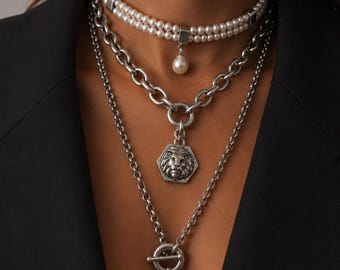 Silver Plated Pearl Choker, Lion Coin Toggle Necklaces Set