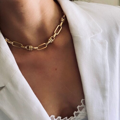 Ras de cou épais, tour de cou tendance, collier en or minimaliste, chaîne à maillons rectangle, collier de jour, collier vintage tendance, collier ras de cou