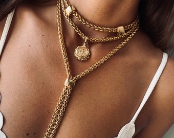 Gold lariat set of necklace, long drop necklace, gold coin necklace, gold statement necklace, layers necklace, trendy gold women necklace