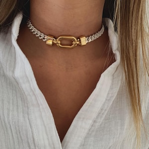 Chunky choker, gold statement necklace, rectangle Link chain, gold necklace, gold collar, trendy gold jewelry, vintage jewelry.