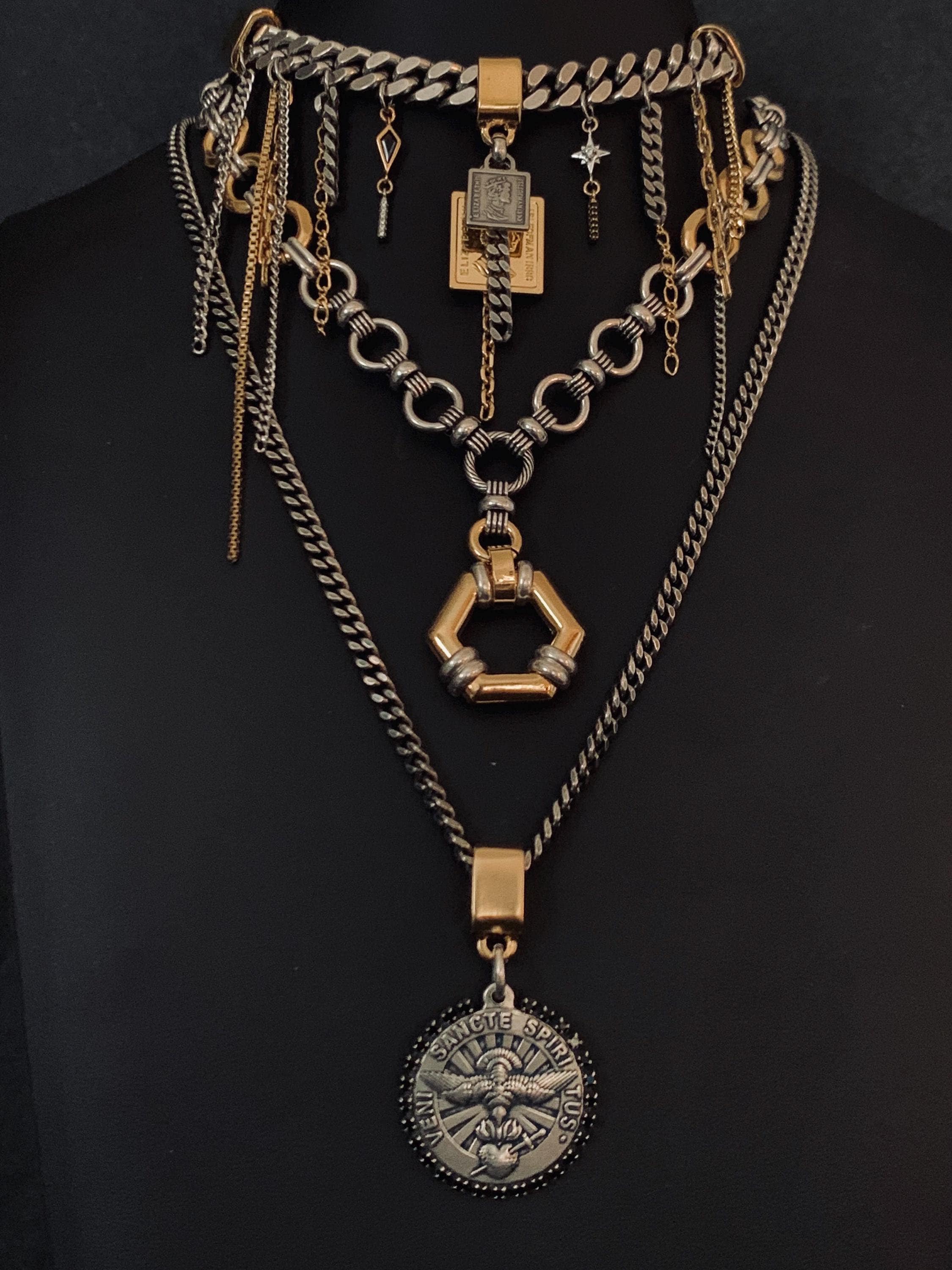 Vintage jewelry ,mixed metal necklace, bohemian jewelry , bold necklace,  charm necklace, silver chunky choker , collar necklace