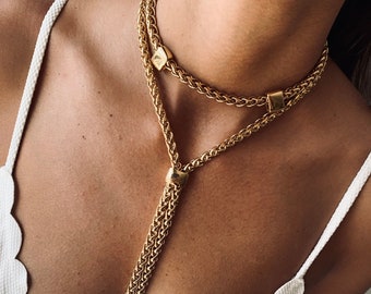 Gold statement necklace, Lariat necklace,chunky choker, chunky Y necklace, gold trendy necklace, long drop necklace , gold chunky choker