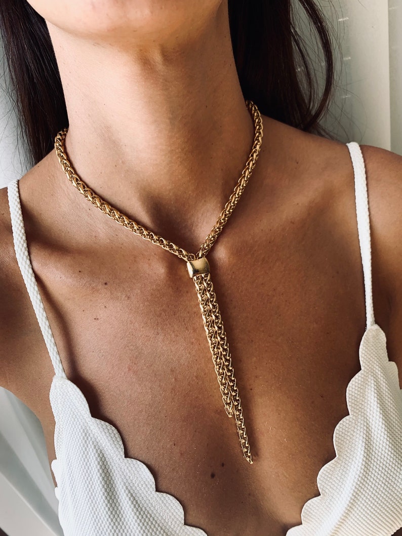 Gold lariat set of necklace, long drop necklace, gold coin necklace, gold statement necklace, layers necklace, trendy gold women necklace image 8
