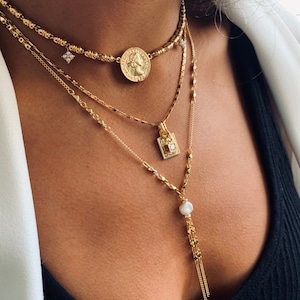 Gold and pearls set necklace, bohemian layers necklace, gold coin necklace, gold lariat,boho chic coin necklace, lariat Y necklace,