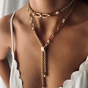 Lariat necklace,chunky choker, long drop necklace, chunky Y necklace, gold statement necklace, edgy gold jewelry , gold chunky choker.