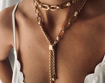 Lariat necklace,chunky choker, long drop necklace, chunky Y necklace, gold statement necklace, edgy gold jewelry , gold chunky choker.