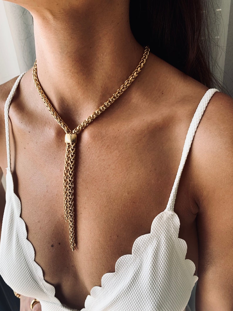 Gold lariat set of necklace, long drop necklace, gold coin necklace, gold statement necklace, layers necklace, trendy gold women necklace image 7