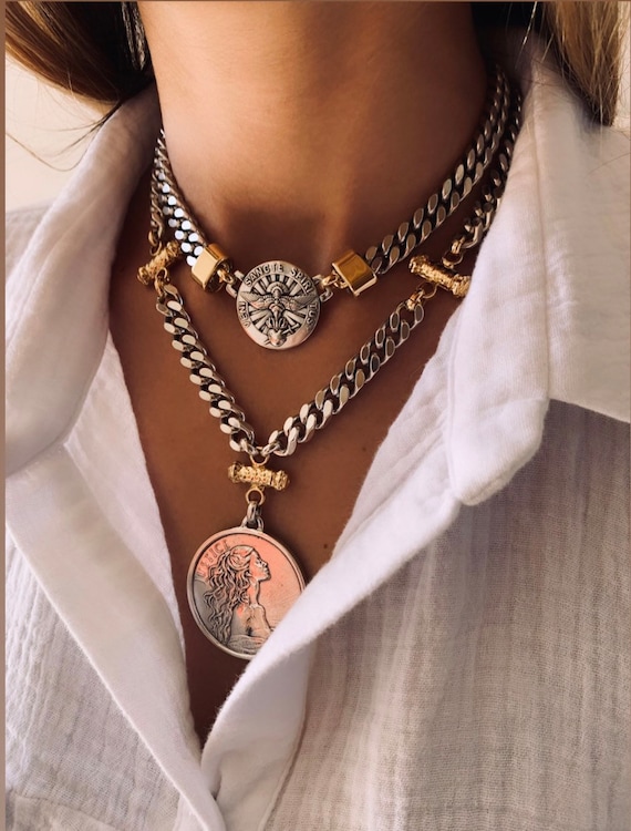 Mixed metals necklace , coin collar, medallion necklace,chunky  choker, gold and silver necklace ,layered necklace, day collar ,punk jewelry