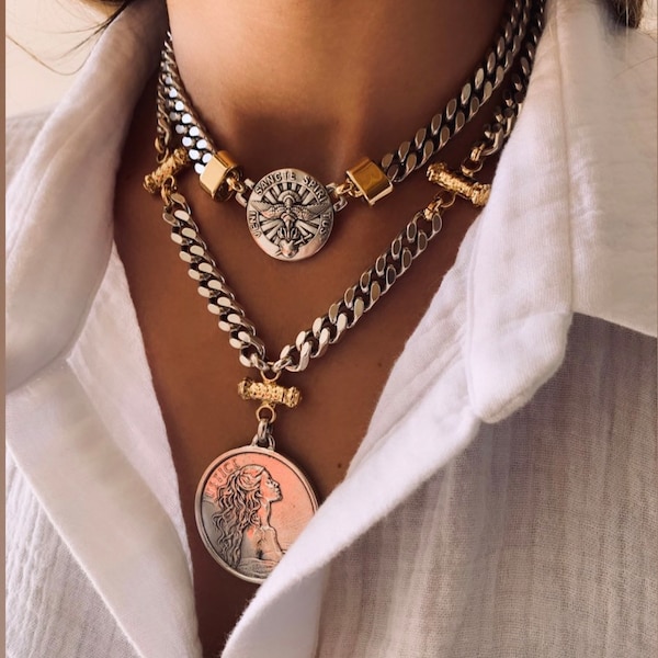 Mixed metals necklace , coin collar, medallion necklace,chunky  choker, gold and silver necklace ,layered necklace, day collar ,punk jewelry