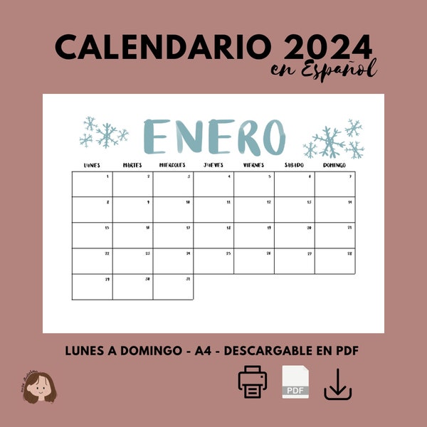 Calendario mensual 2024 en ESPAÑOL - Calendario - Planificador mensual - Imprimible