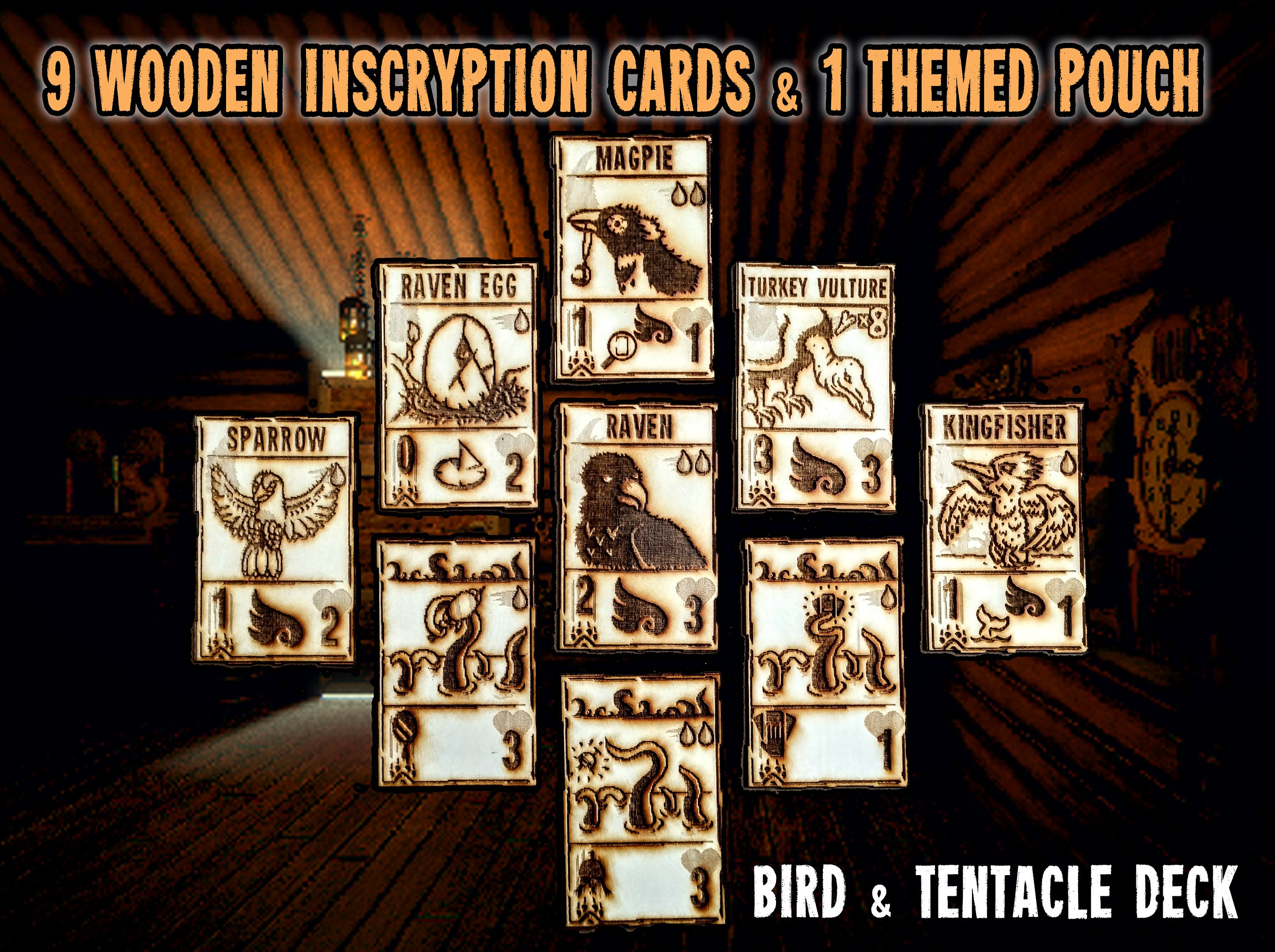 BIRD & TENTACLE DECK Wooden Collector Cards With Carry Pouch - Etsy