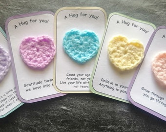 Crochet heart pocket hugs with 10 different beautiful messages & 10 colours