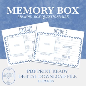 May include: Two white memory box questionnaires with blue scalloped borders and fill-in sections for photos, school details, and favourites. The text "Memory Box" and "PDF Print Ready" are also visible.
