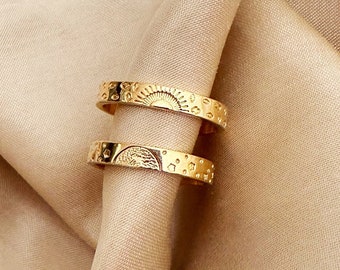 Anillo de sol de oro de doble par chapado en 18k / anillo de sol de oro / anillos de oro apilables / anillos únicos / anillo delicado / anillos de oro de amanecer / anillo de pareja