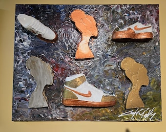 Urban art, acrylic painting, sneaker art, glossy canvas art, modern wall decor, cultural silhouettes, Nike-inspired art, unique artwork.