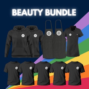 May include: A set of black apparel items for a beauty business, including two hoodies, two aprons, a t-shirt, and five t-shirts. The items are all black and have a white circle with the text "YOUR DESIGN HERE" in the center.