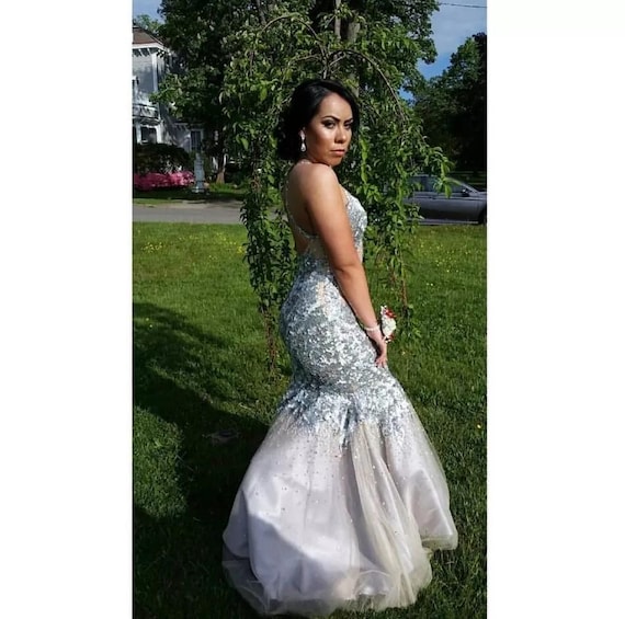 knee length dresses for ladies Off The Shoulder Silver Mermaid Prom Dress with Slit,PD00479, US12 / Dark Navy main image 0