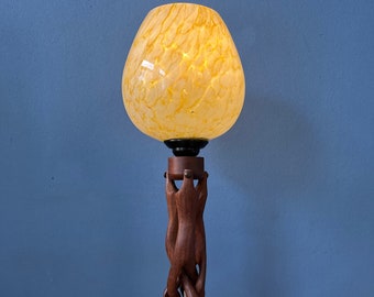 Hand-Carved Wooden Table Lamp with Art Deco Style Shade