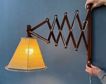 Vintage Wooden Scissor Wall Lamp with Rope Shade