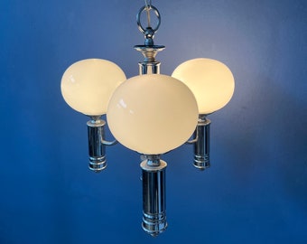 Mid Century White Opaline Glass Chandelier with Chrome Frame