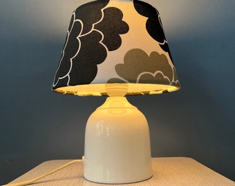 Small Space Age Table Lamp with Porcelain Base and Black and White Flower Shade