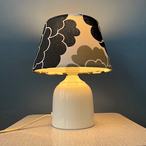 Small Space Age Table Lamp with Porcelain Base and Black and White Flower Shade