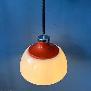 Mid Century White Plexiglass Massive Space Age Pendant Lamp with Red Top Cap