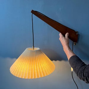 Mid Century Teak Wood Fishing Rod Wall Lamp with Pleated Shade