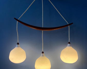 Teak Wood Opaline Glass Chandelier 512 by Uno & Östen Kristiansson for Luxus Sweden