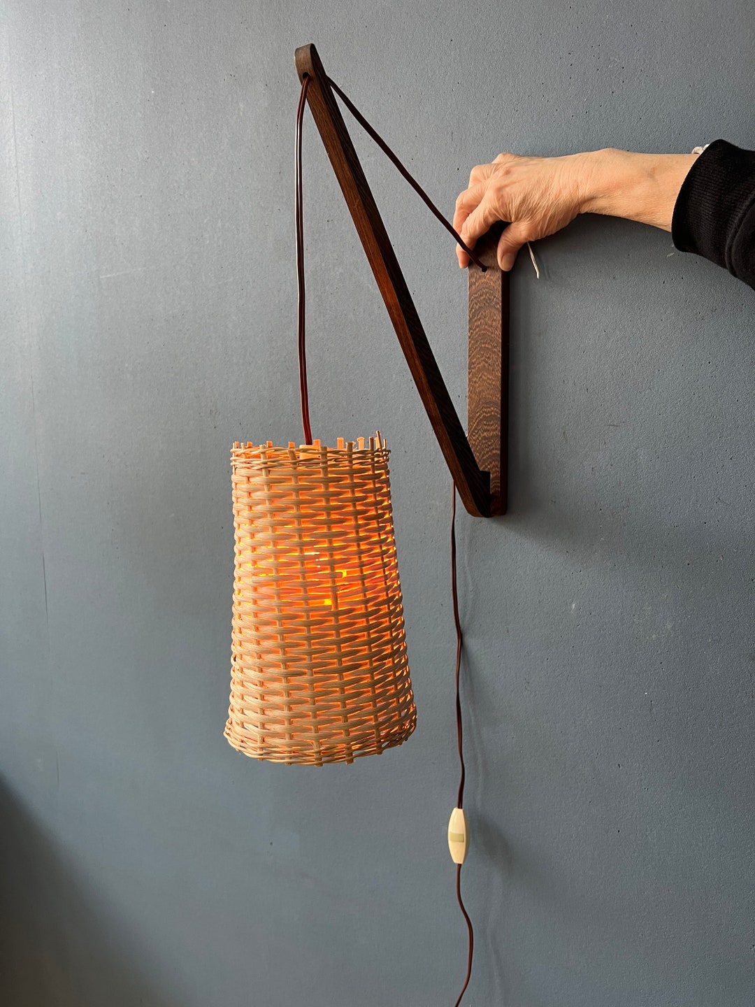 Mid Century Danish Teak Wood Fishing Rod Wall Lamp With Reed Shade - Etsy