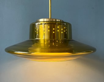 Lampe à suspension Dijkstra Space Age en verre fumé jaune du milieu du siècle
