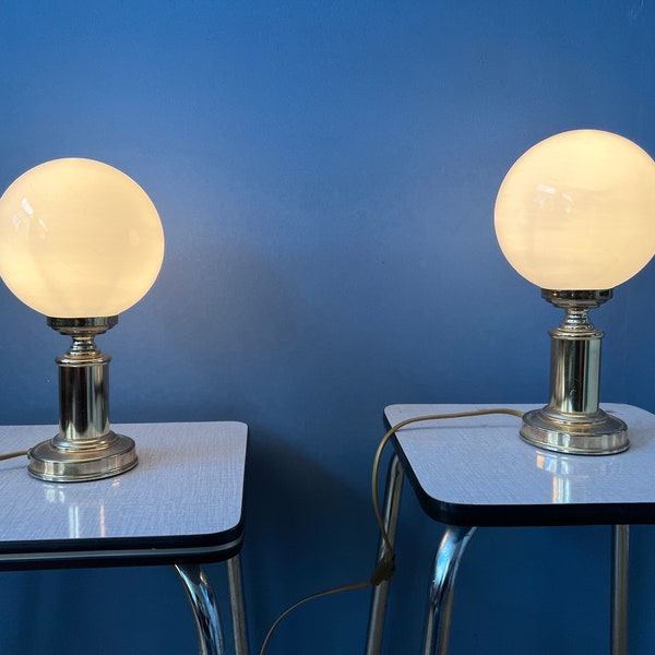 Mid Century Hollywood Regency Table Lamps (2) / Vintage Golden Opaline Glass Desk Lights