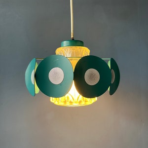 Space Age Pendant Lamp with Glass Shade and Green/Blue Metal Frame