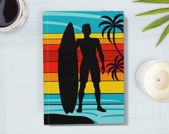 Surfer Journal, Retro Vintage Sunset with Silouette of Surfer, 70s Groovy Surf Notebook, Surfing Gift, Surfboard, Personalised Monogram