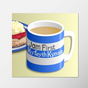 Cartão de aniversário Cornishware, Cornish Cuppa com Cream Tea, Jam First, Cornish Language, xícara de chá, Cornish Blue, cartão para Cornish